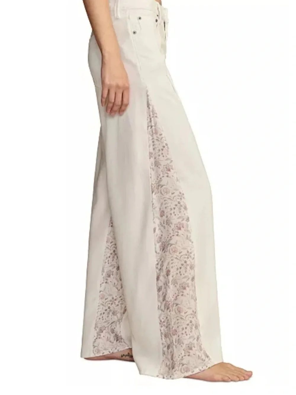 Women's Wide-Leg White Jeans with Floral Side Panels - Picture 3 of 10
